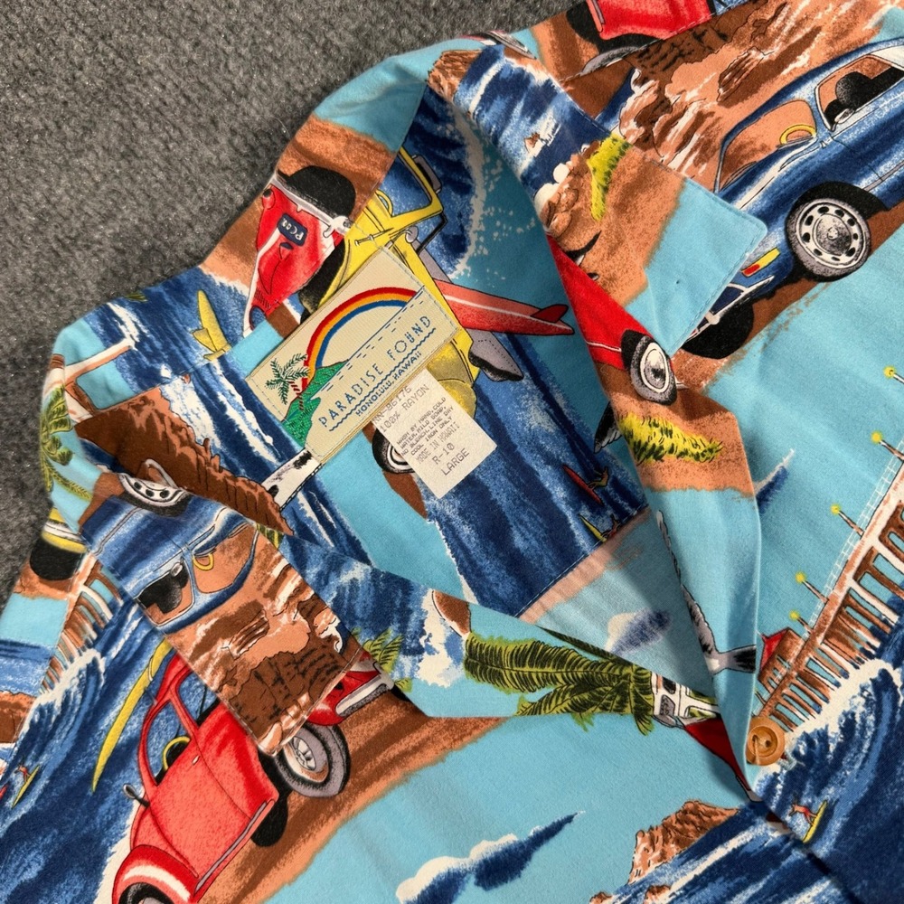 Vintage 90s Paradise Found VW Volkswagen Hawaiian Shirt L Beetle Hawaii #4368